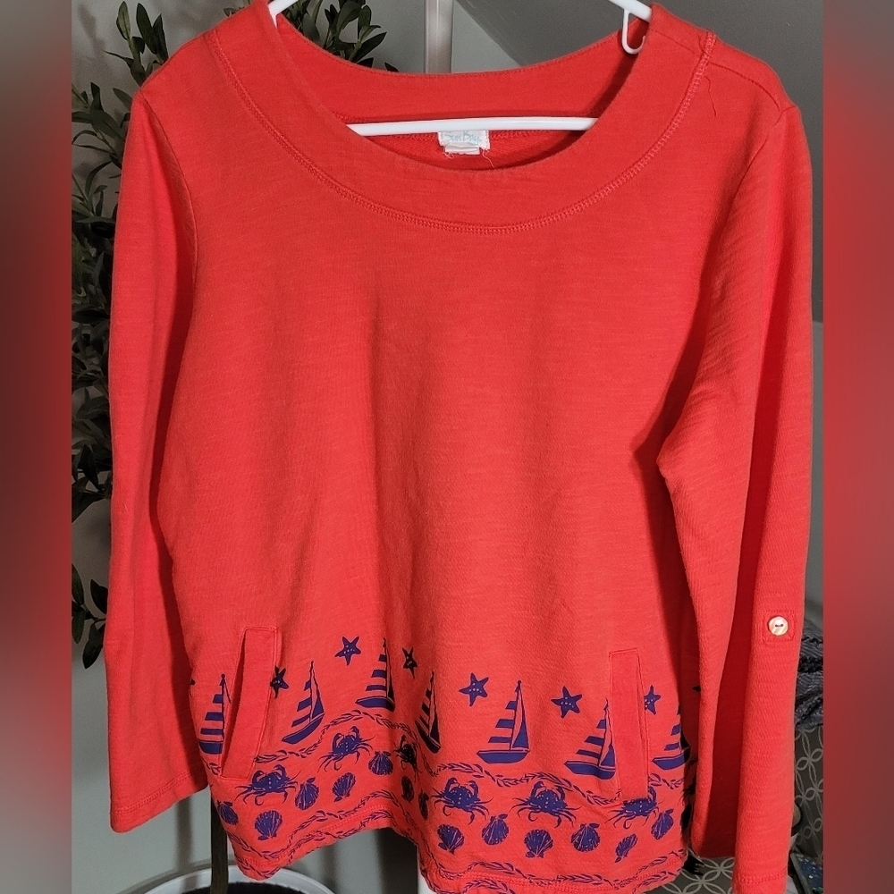 Sun Bay Roll Tab Sleeve Sweatshirt / Tunic Sailboats Shells Crabs Starfish